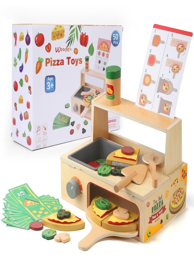Gserin 50PCS Wooden Pizza Toy, Pizza Counter Playset with Bake Oven, Kitchen Play Food and Accessories for Kids, Montessori Pretend Play Toys for Boys Girls Age 3+ - Image 1